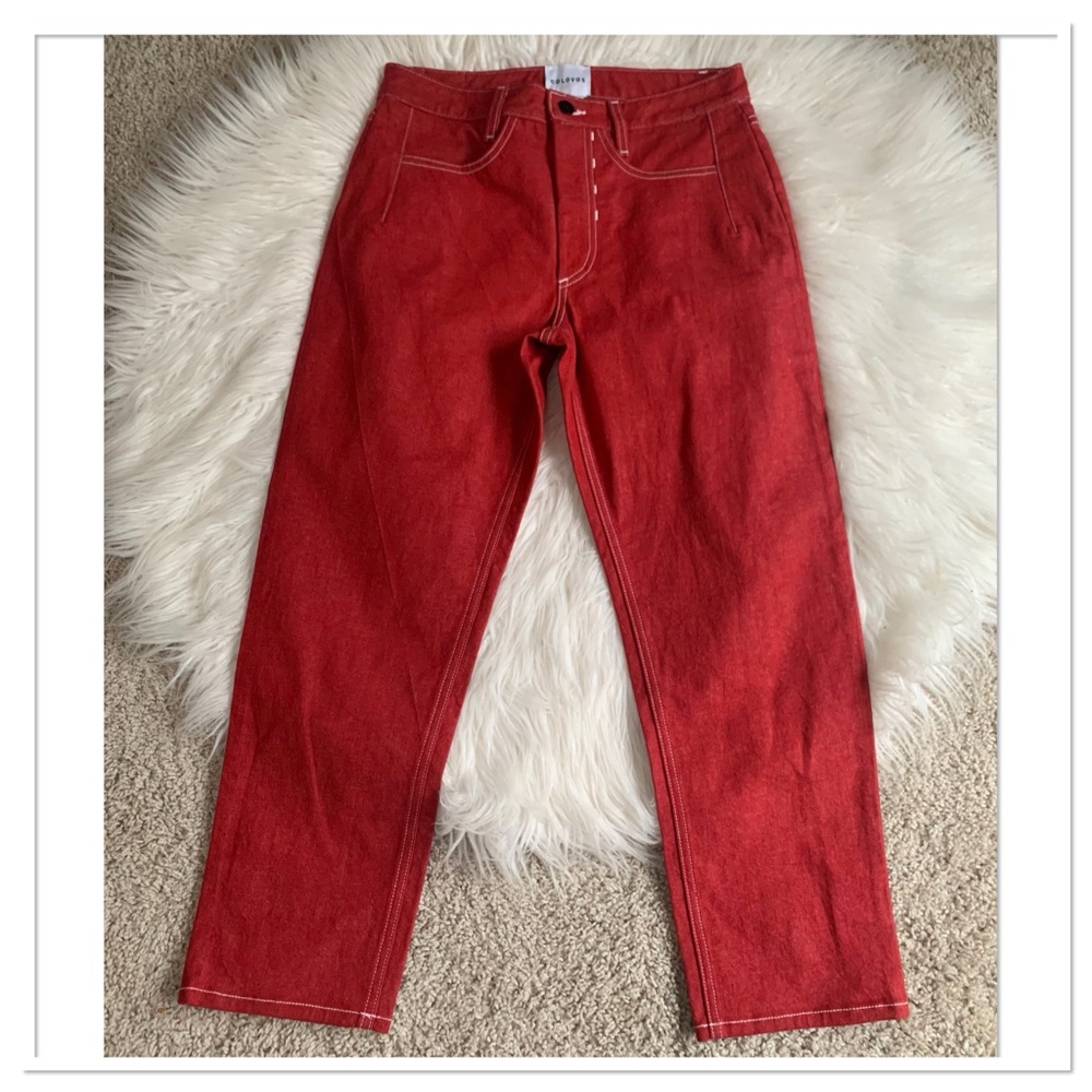 Colovos High Waisted Cropped Contrasting Stitched Jeans Red Size 28